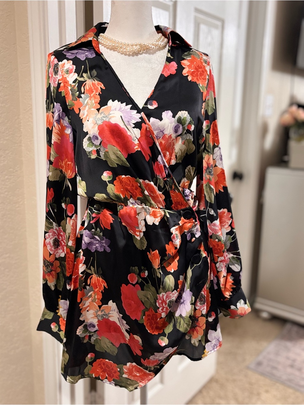 Zara Black Floral Wrap Dress - Red, Purple & Cream Flowers